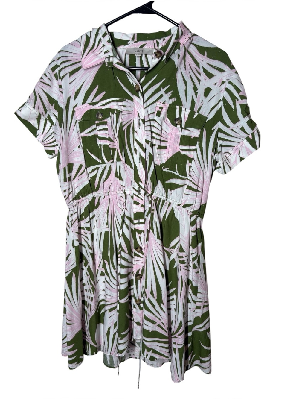 {EUC} LOFT Tropical Olive Green & Light Pink Shirt Dress Medium Resort Wear